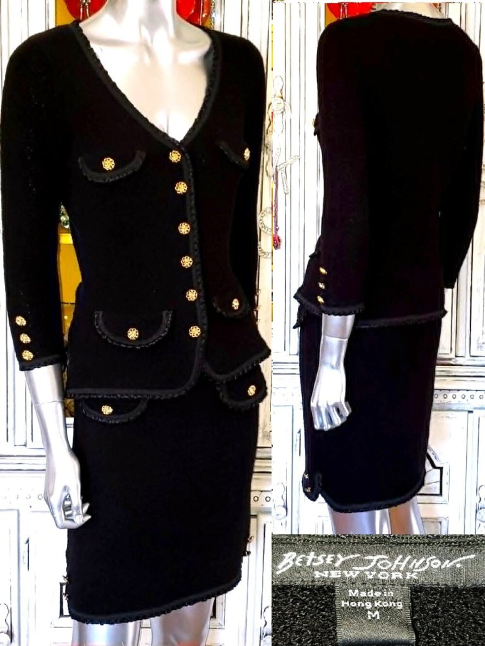 Vintage Betsey Johnson New York 90s Y2K Black Wool Knit Dress Coat Jacket Skirt
